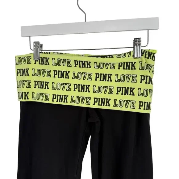 Victoria Secret Foldover Yoga Pants Bootcut Flare Spellout Y2K Women Med Short - Picture 2 of 5